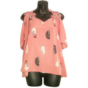 Shein Curve 2XL Pink Cold Shoulder with Feathers with Pink Applique Flowers